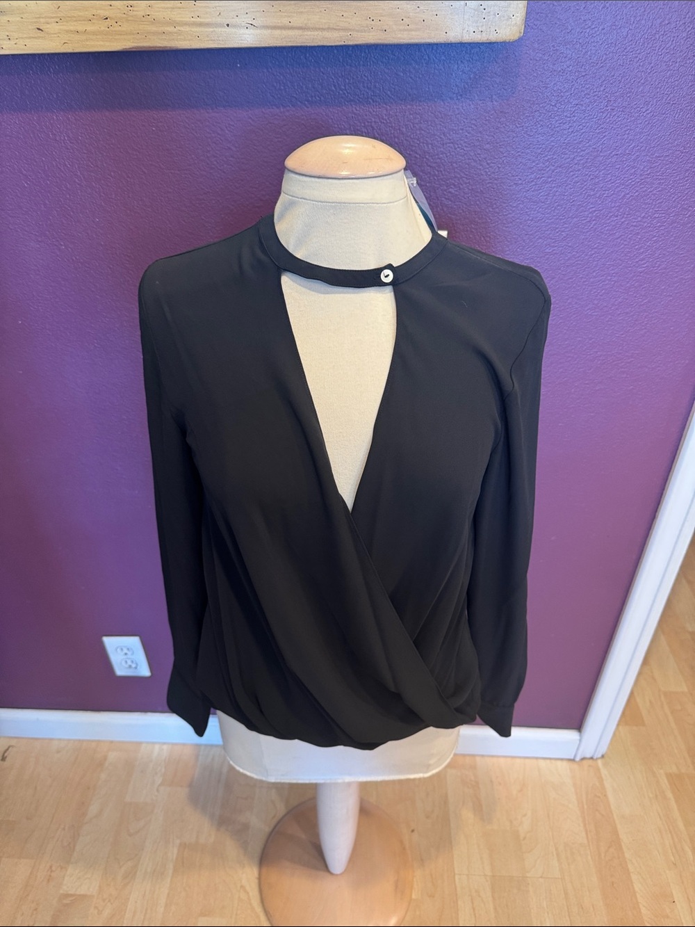 Olivaceous Black Keyhole Wrap-Front Blouse